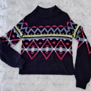 SO mock turtleneck navy patterned blue pink Colorful sweater.  Size S.